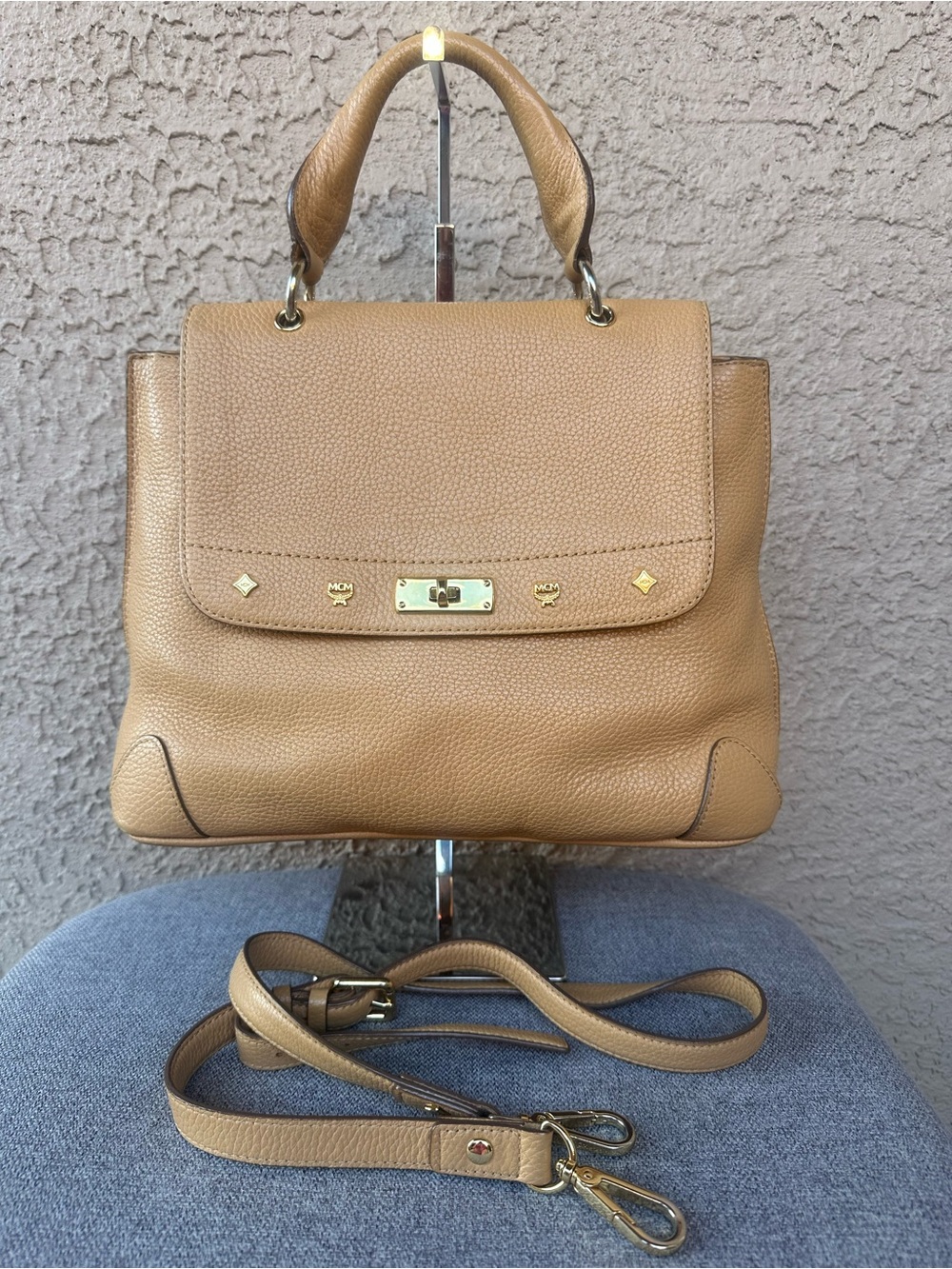 MCM Camel Pebbled Leather Top-Handle Satchel with Removable Strap